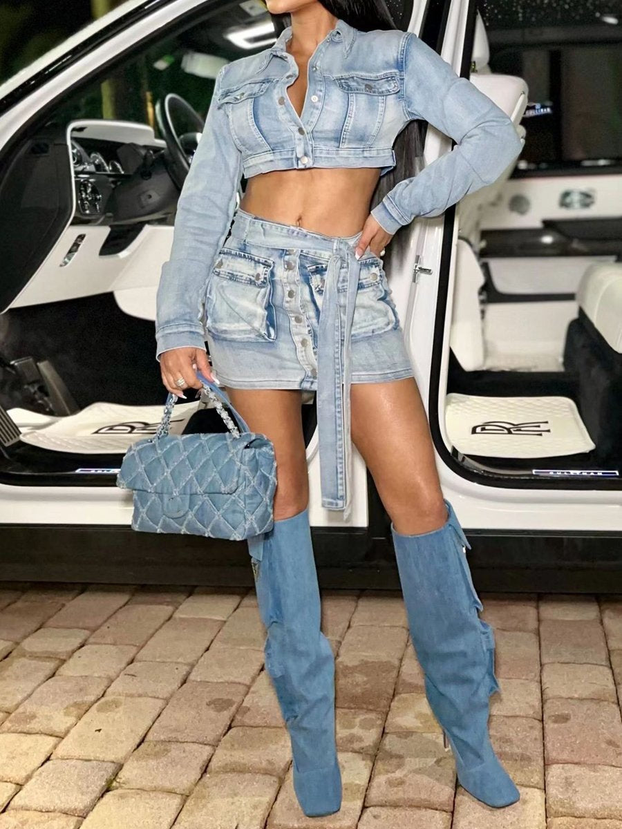 Denim Lace Up Pockets Skirt Set