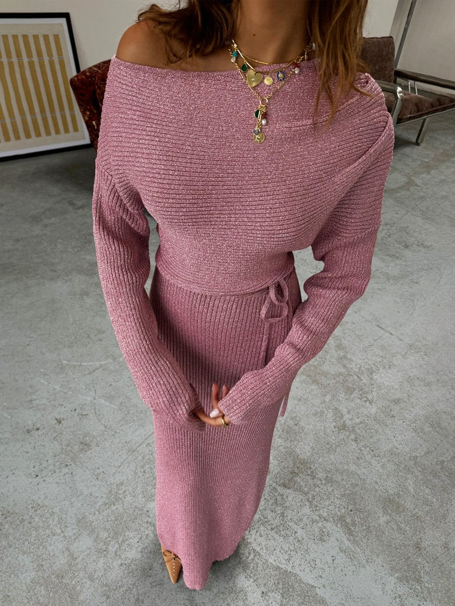 Skew Neck Rib Knit Maxi Dress