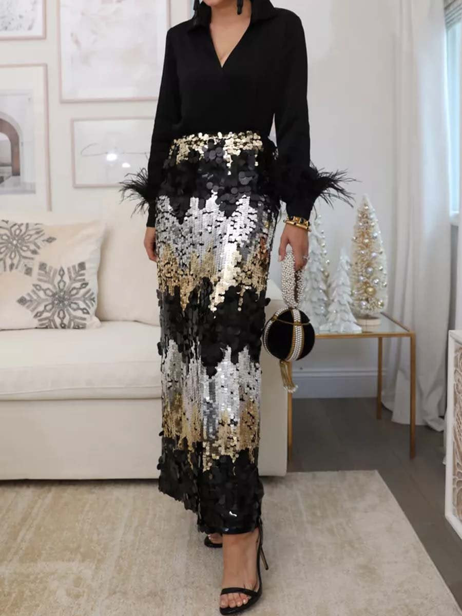 Sequin Slit Hem Maxi Skirt