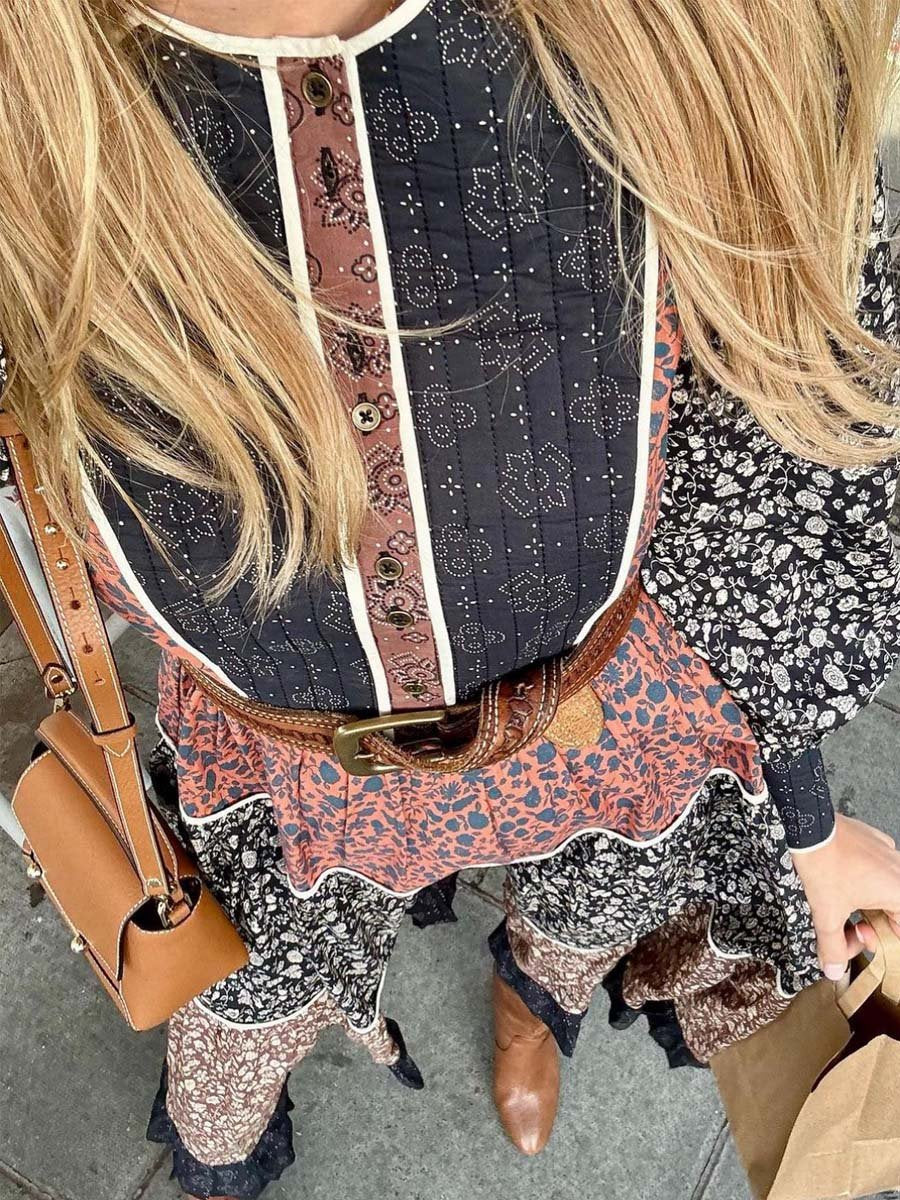 Patchwork Prited Lace Up Dress