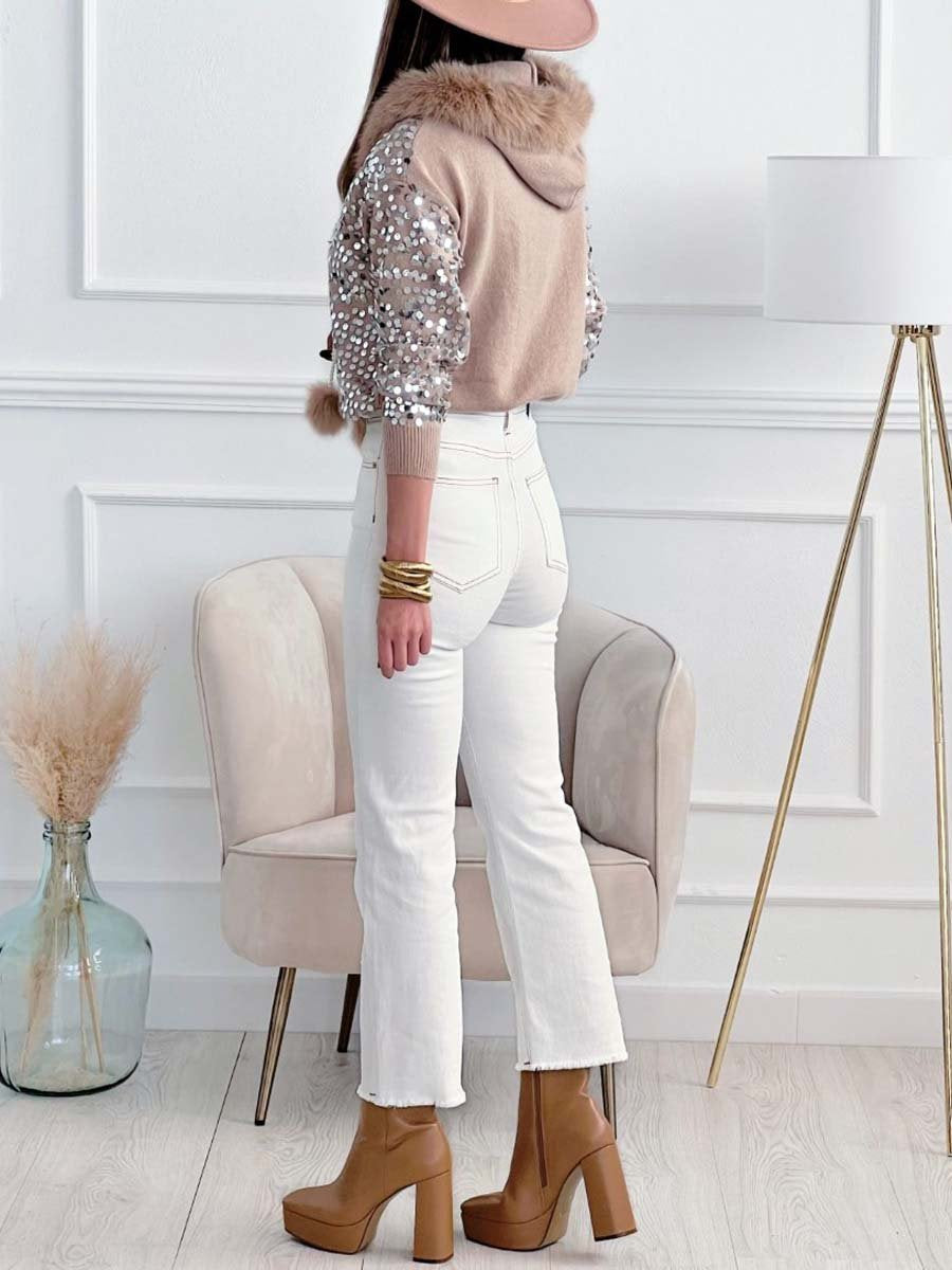 Sequined Fur Hooded Sweater