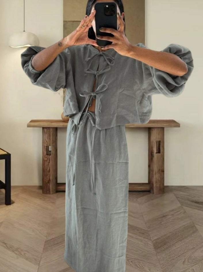 Hollow Lace Long Sleeve Round Neck Set