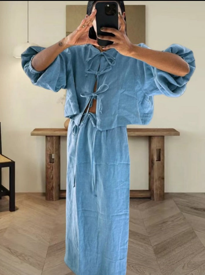 Hollow Lace Long Sleeve Round Neck Set