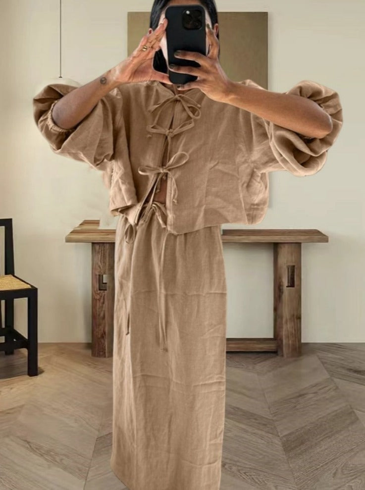 Hollow Lace Long Sleeve Round Neck Set