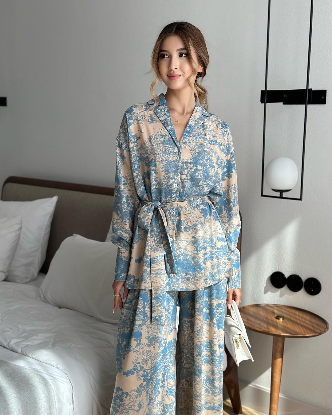 French Printed Long Sleeve Shirt Set with Straps