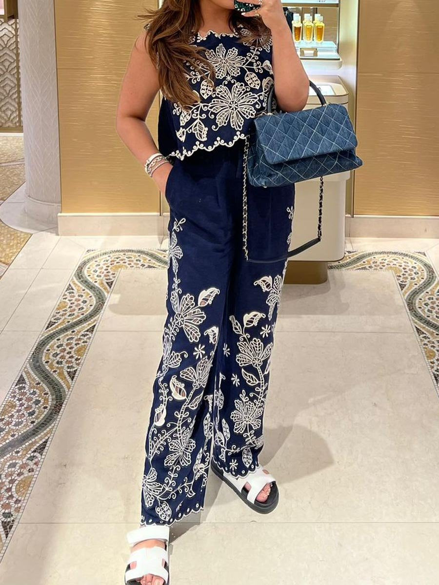 Embroidered Printed Sleeveless Two Pieces Set