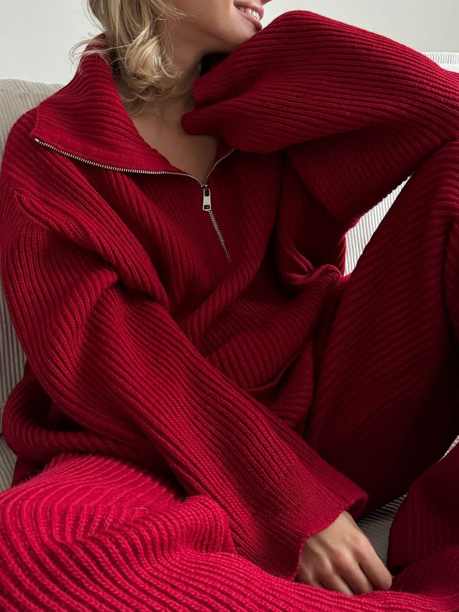 Solid Zip Sweater Knit Two-Piece Set