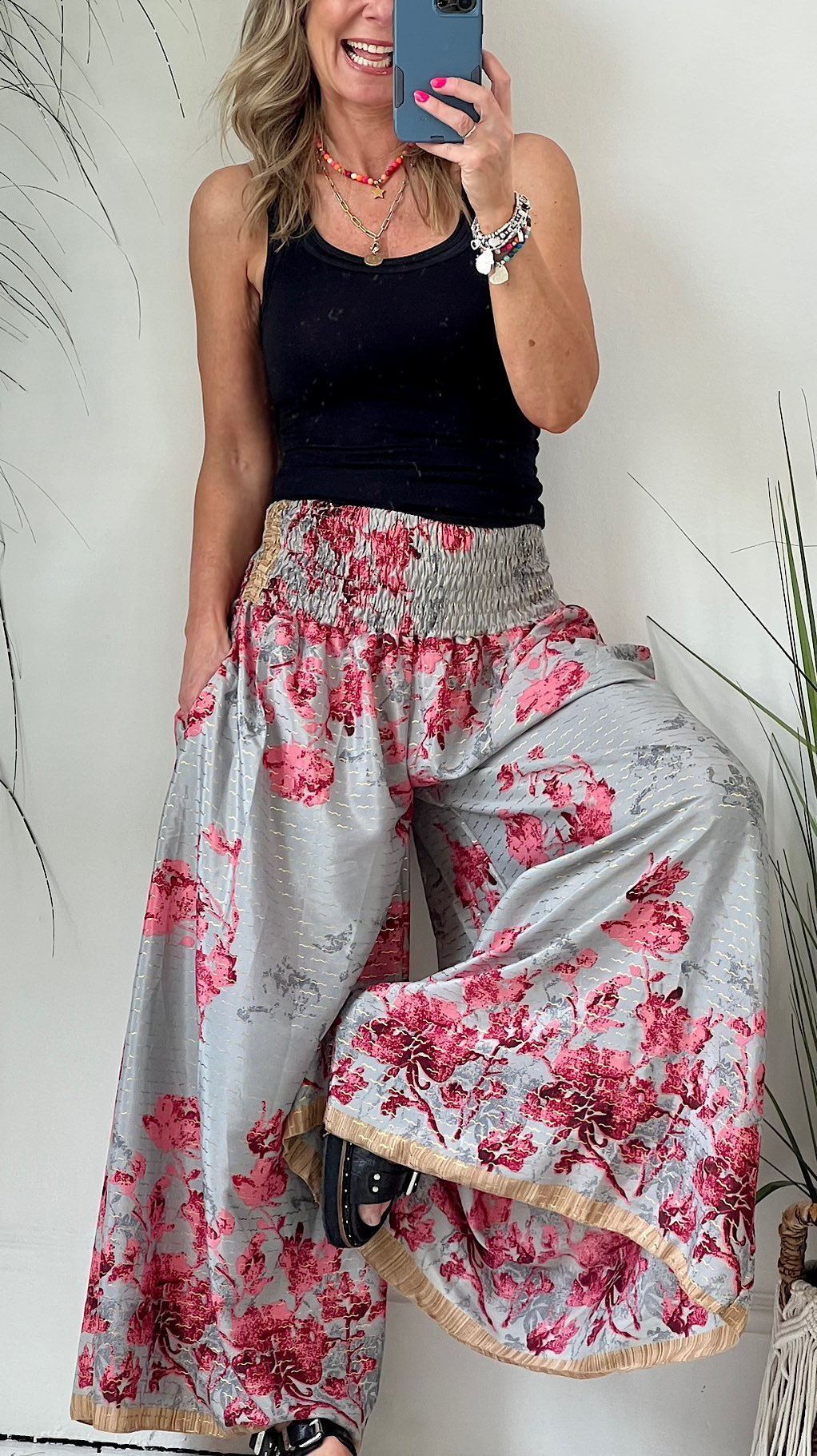 Fun Times Printed Pocketed Smocked Wide Leg Pants