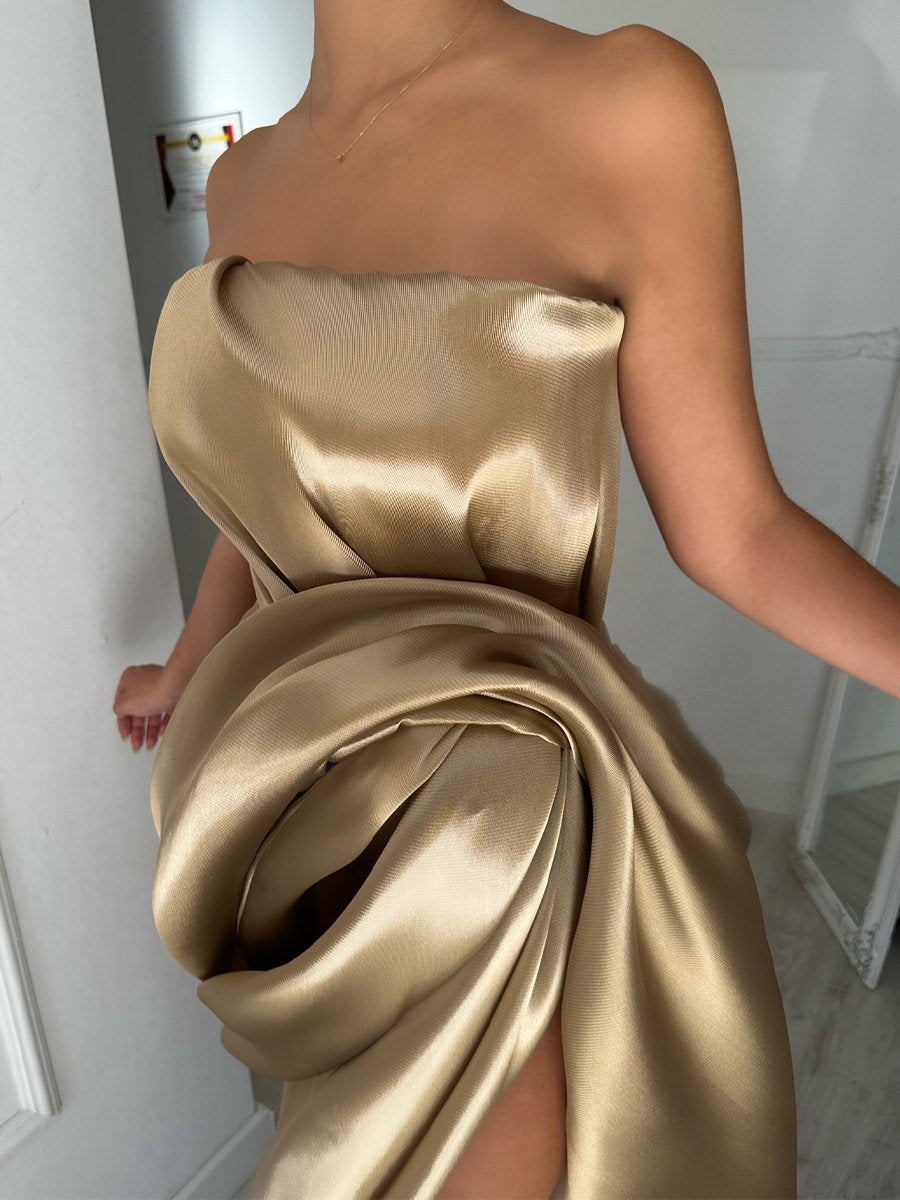 Strapped Slit Hem Gold Party Dress