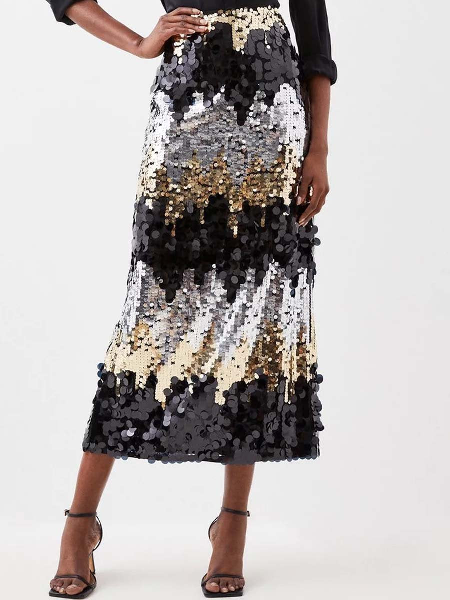 Sequin Slit Hem Maxi Skirt