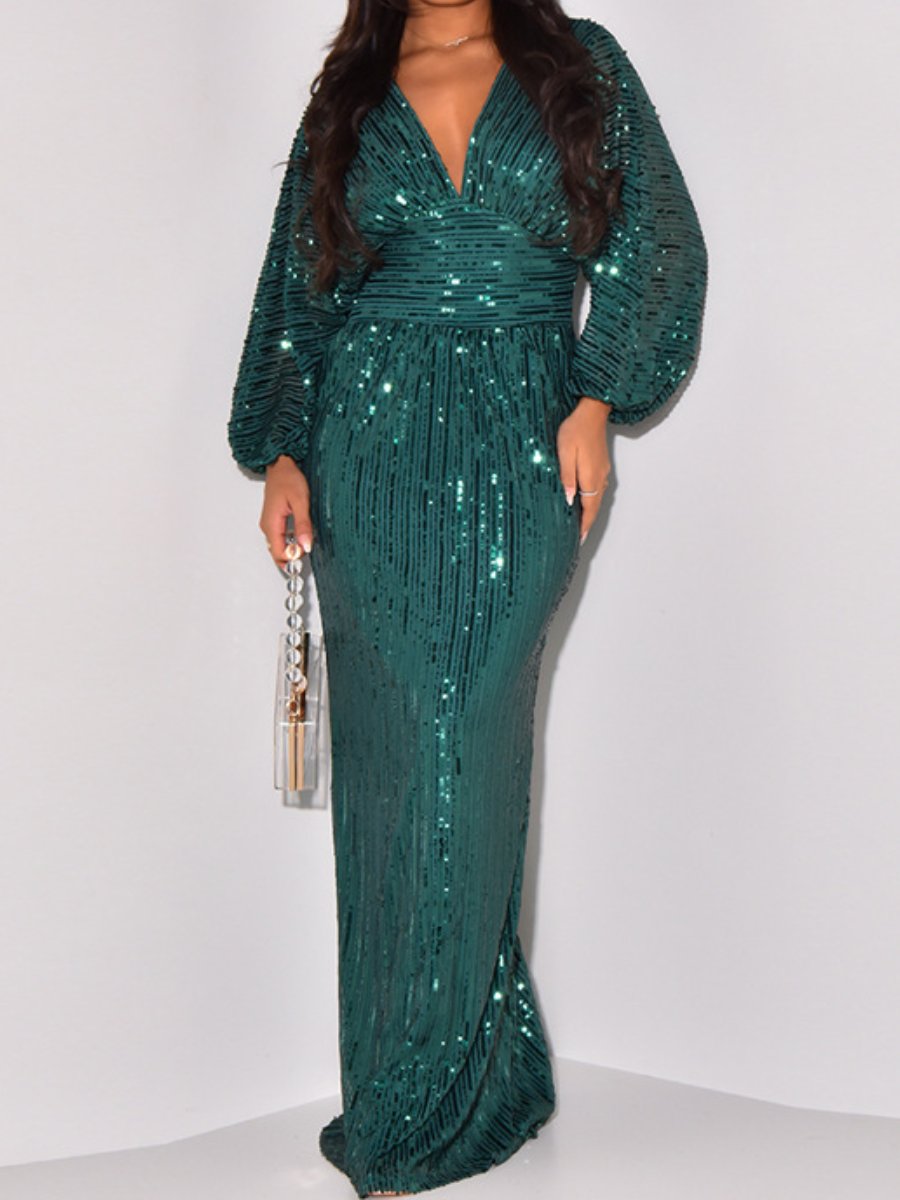 Sequin Long Sleeve V Neck Sexy Beaded Party Dress