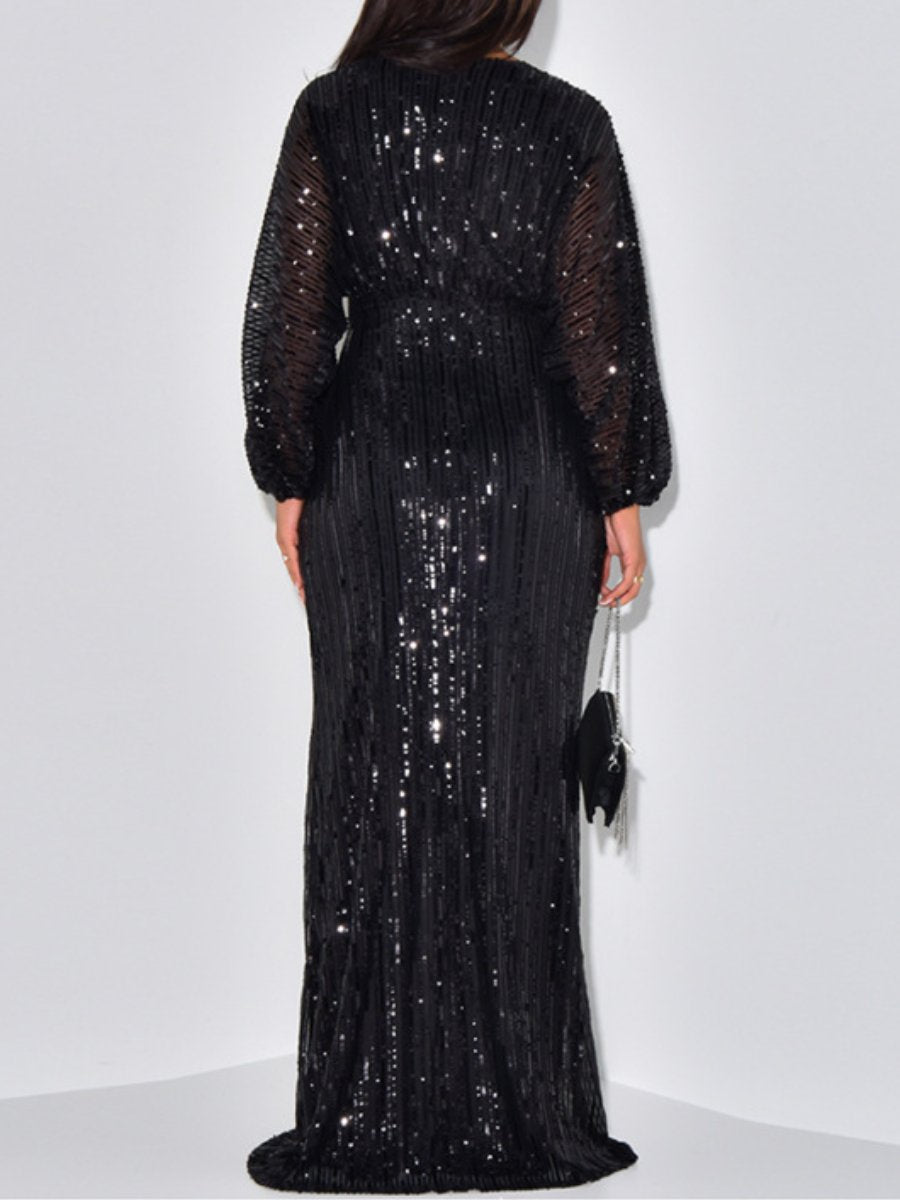Sequin Long Sleeve V Neck Sexy Beaded Party Dress