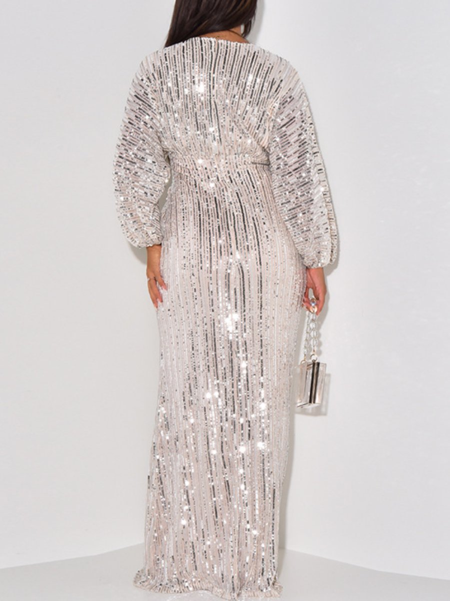 Sequin Long Sleeve V Neck Sexy Beaded Party Dress